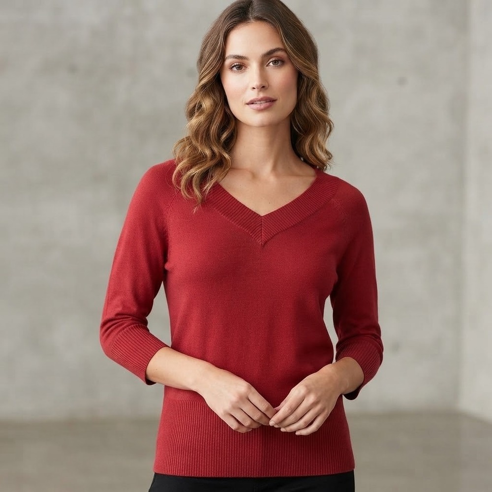 Moda International Red Silk Cashmere V-Neck Sweater 3/4 Sleeve Large Chic Casual